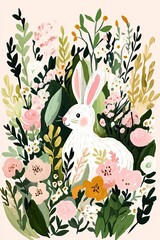 Cute bunny and flowers in soft pastel shades. Perfect for poster and postcard