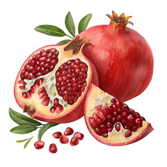 Fresh ripe pomegranate with seeds and juicy red fruit pieces PNG, isolated background. without background, ai generated. 