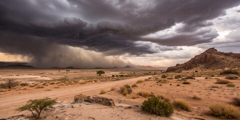 Fototapeta premium Bad weather in the desert, rain on the horizon. Concept for help is on the way and the ability to go through difficult dry times