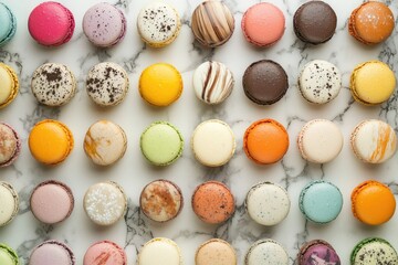Obraz premium A delightful arrangement of colorful macarons on a marble surface.