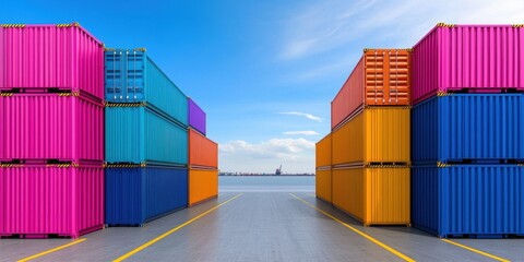 Fototapeta premium A large number of colorful shipping containers are stacked in a warehouse. The containers are of different colors, including blue, red, and yellow. Concept of organization and efficiency