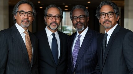 Four men standing, looking forward, wearing suits and ties, indoors
