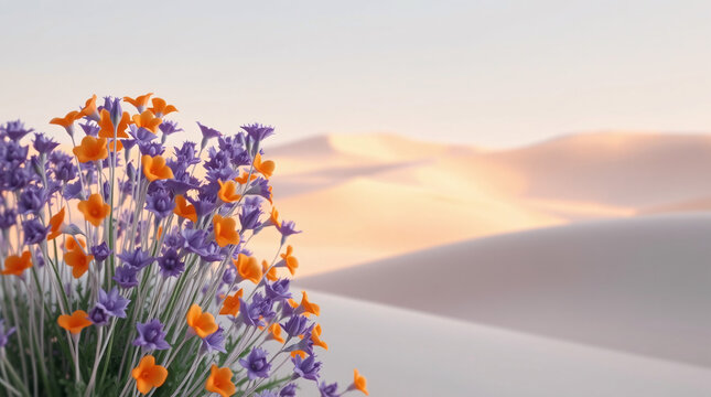 Fantastical Trumpet-Shaped Flowers Amidst a Tranquil Desert Landscape.