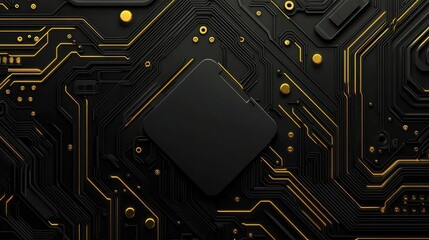 High-Contrast Design of Black Microchip with Gold Circuit Traces on Dark Glossy Surface for Premium Tech Feel