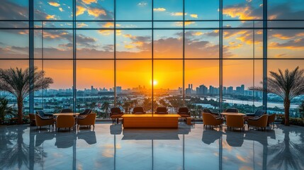 Sunset view from modern building interior, with seating and palm trees visible