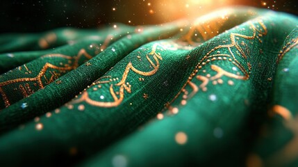 Textured green cloth with ornate gold pattern and light details