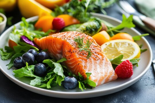 Deliciously plated salmon with fresh greens and vibrant fruits in a cozy dining setting