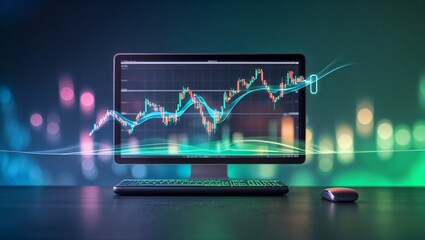 Display of stock market trends on a computer screen with vibrant lights in the background at night