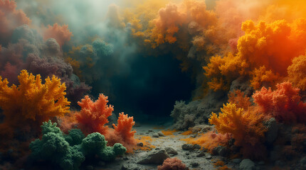 Dreamy Mystical Cave Entrance with Vibrant Coral Fantasy Landscape Digital Art
