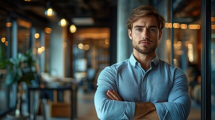 Fototapeta premium A man stands in a room with his arms crossed, looking at the camera