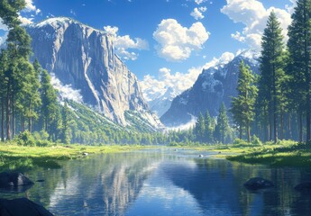 Serene Mountain Landscape with Lush Green Forest, Crystal Clear River, Snow-Capped Peaks, and Bright Blue Sky with Fluffy Clouds