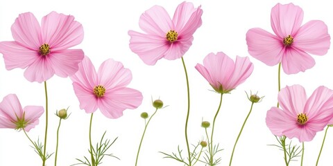 Fototapeta premium Pink Flowers With Green Stems And Buds On White Background