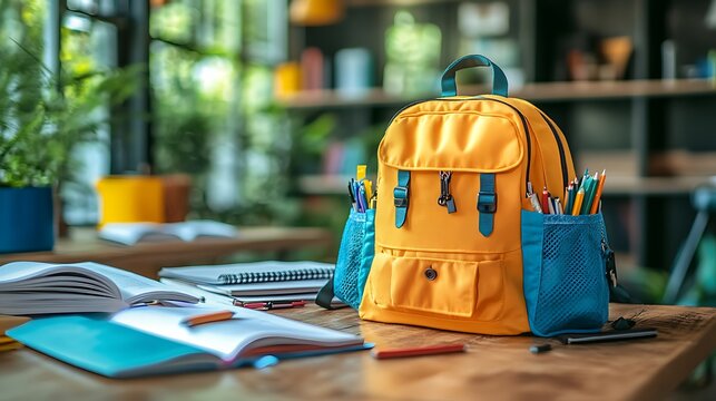 A colorful backpack on a wooden desk surrounded by neatly arranged school supplies and open textbooks