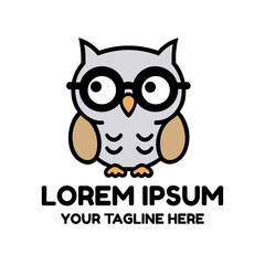 A cute cartoon owl with large eyes and soft feathers sits cheerfully