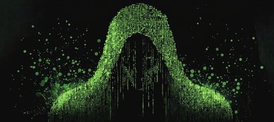 Digital portrait of a hooded figure in cascading green binary code