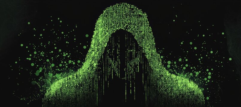 Digital portrait of a hooded figure in cascading green binary code