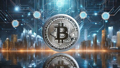Futuristic silver crypto coin with blockchain background