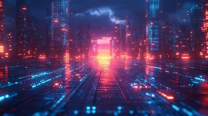 A futuristic cityscape with brightly lit skyscrapers at dusk