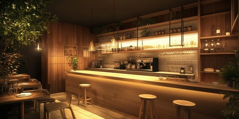 Obraz premium A cozy cafe with wooden interior and green accents visible