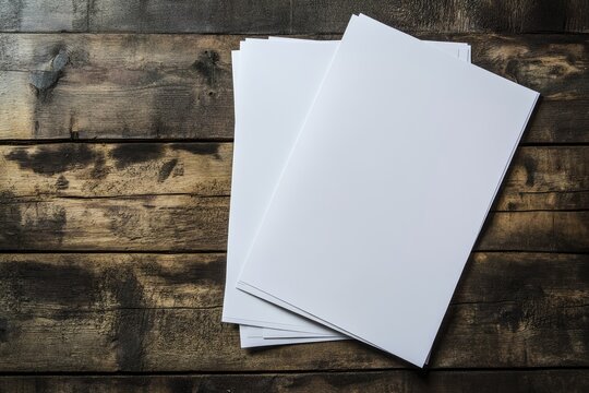 Blank papers on a rustic wooden surface