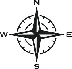 Compass icon. Monochrome navigational compass with cardinal directions of North, East, South, West. Geographical position, cartography and navigation. Vector