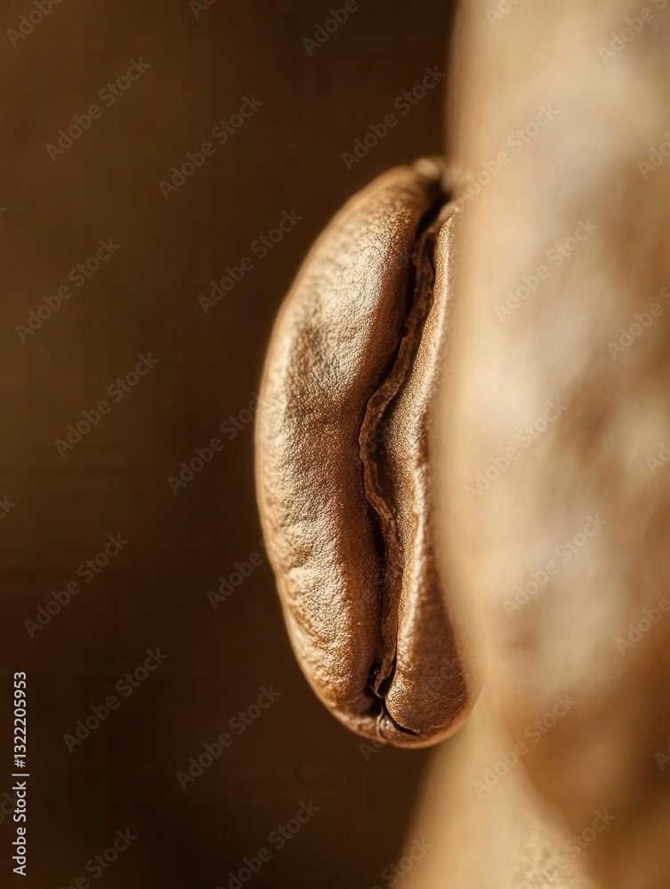 Fototapete close-up view of roasted coffee beans with a highlight on a standout bean in warm brown tones and so