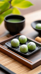 Traditional japanese green tea ceremony with wagashi dessert display