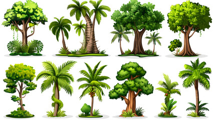Vibrant Tree Collection: An illustration showcases a diverse set of trees, including palms, showcasing rich foliage.