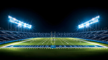 Illuminated Football Stadium At Night With Green Field And Bright Lights