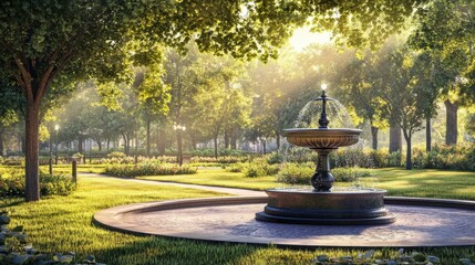 Classical urban park scene with meticulously detailed lawns and a timeless fountain