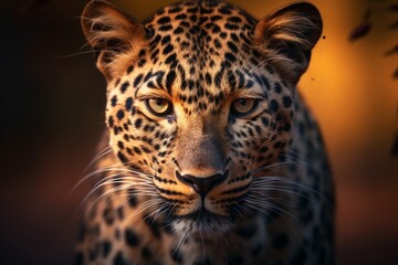 Fototapeta premium Leopard Gaze, Wildlife Photography Spotted Cat Portrait with Intense Eyes in Natural Sunset Light