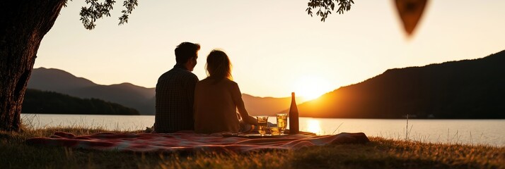 A couple enjoying a romantic picnic while watching a breathtaking sunset over a calm lake, evoking feelings of love, connection, and peacefulness in a picturesque landscape.