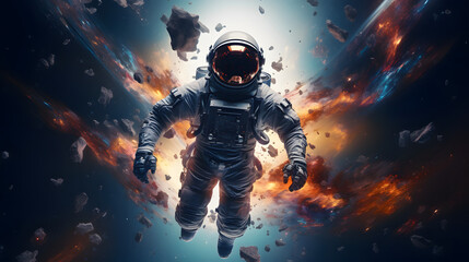 A man in a space suit is flying through space