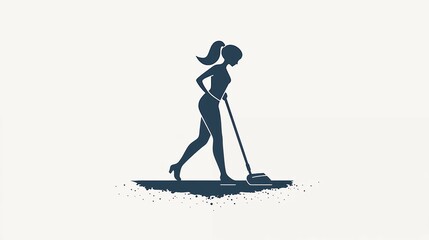 Fototapeta premium silhouette of a woman with vacuum cleaner isolated on white background. An image of a cute cheerful housewife doing household, logo