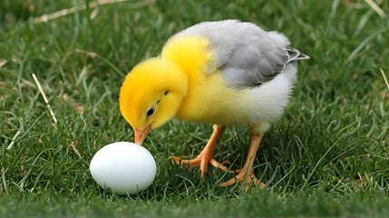 A curious chick examines an egg.