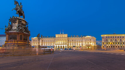 Mariinsky palace and monument to Nikolay I from Isaac's square day to night timelapse hyperlapse....