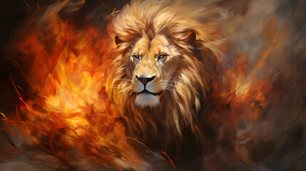 A lion is in the center of a painting with flames surrounding it