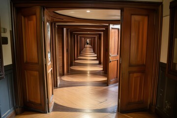 Fototapeta premium Endless wooden hallway with open doors creating optical illusion