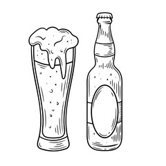 Hand-drawn black and white vector illustration of a tall beer glass with frothy foam overflowing and a classic beer bottle with a blank label. The sketch features intricate line details and a vintage 
