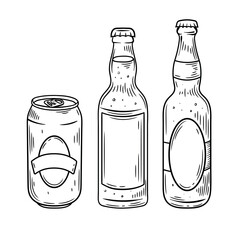 Black and white hand-drawn vector illustration of a beer can and two beer bottles with blank labels. The sketch features fine line work and a vintage engraving style, perfect for brewery branding, men