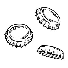 Hand-drawn black and white vector illustration of three beer bottle caps. The vintage engraving-style sketch is perfect for brewery branding, packaging design, and bar-related graphics