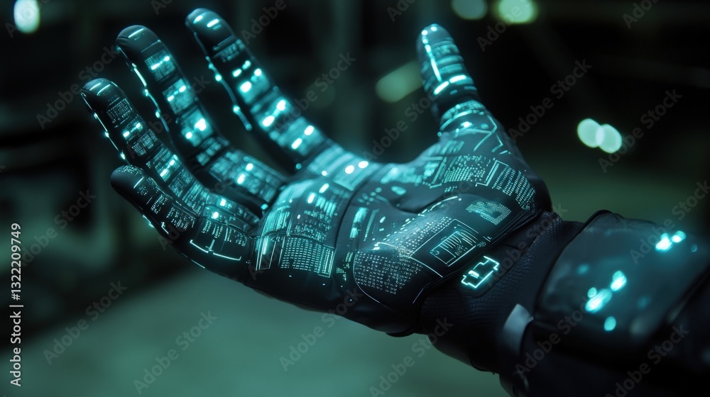 Poster futuristic robotic hand displaying augmented reality interface with glowing digital data and futuris
