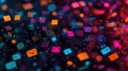 Digital communication and online chat concept, stream of message icons flowing on abstract background. Technology of internet, social network and global connection.