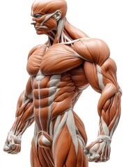 Male muscular system showing defined muscles and tendons
