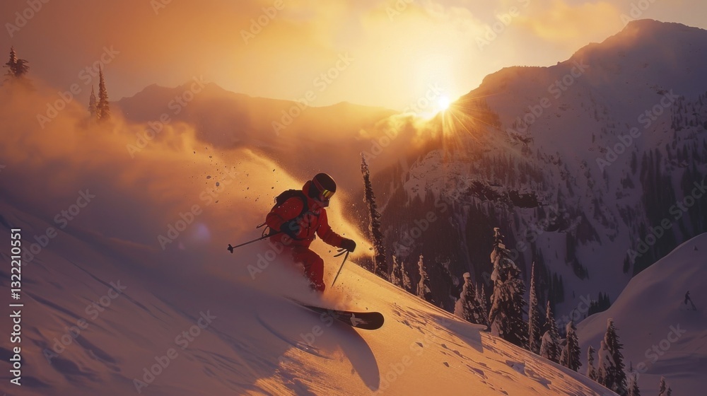 Poster a skier expertly maneuvers through deep snow on a mountainous slope as the sun sets, casting a warm 