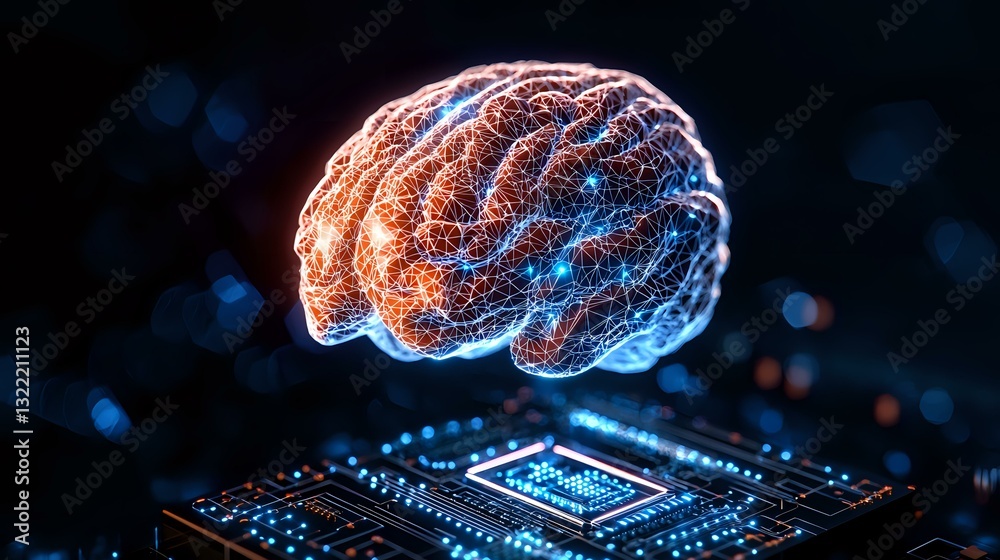 Poster glowing brain hologram floating over computer processor with neural network connections in orange an