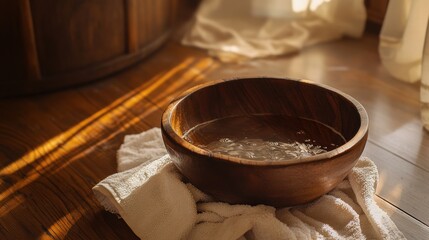 The wooden foot-washing bowl filled with water and surrounded by a towel represents humility and service, marking the remembrance of Maundy Thursday's spiritual significance
