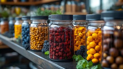 Glass jars containing dried fruits, berries, and nuts on a shelf