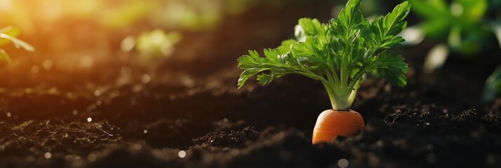 A vibrant carrot peeking out from dark, fertile soil captures the essence of gardening and harvesting fresh produce, symbolizing growth, health, and the rewards of nature's labor.