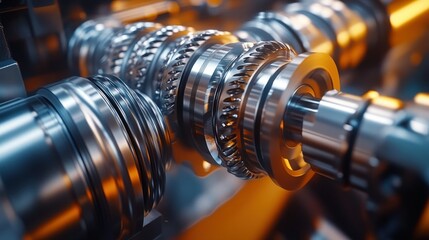 Obraz premium Gear assembly Silver metal gears interlock, close-up. Shiny industrial parts